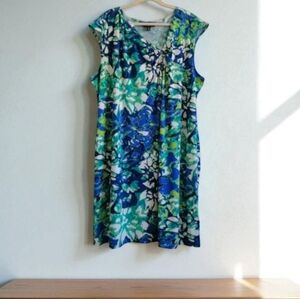 Dana Buchman Blue and Green abstract print asymmetrical neck shift dress